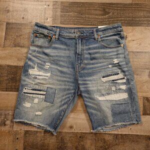 American‎ Eagle AirFlex+ Distressed Patch Jean Shorts Men’s Size 36 Blue NWT